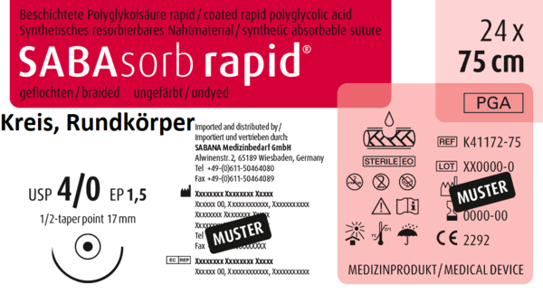 SABAsorb rapid, 1/2 - Kreis, Rundkörper, 17mm, ungefärbt, 75 cm 24 Stück á PAK (K-41172-75-SAB)