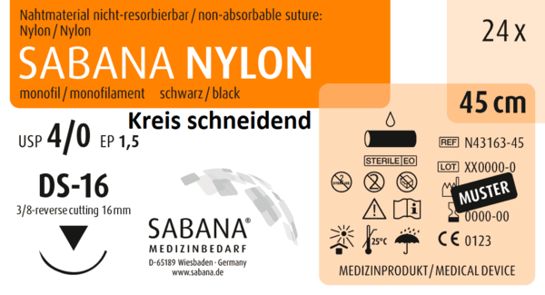 SABANA NYLON, 3/8-Kreis, schneidend, 16mm, schwarz, 45 cm 24 Stück á PAK (N-43163-45-SAB)